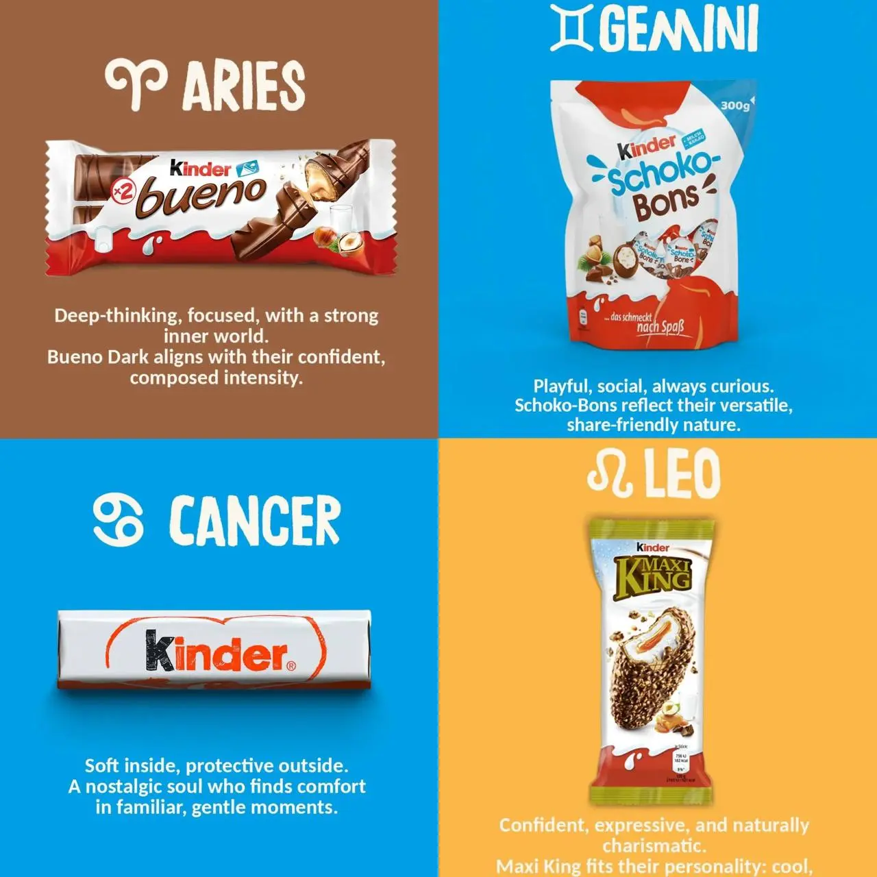 Сммщик Kinder выкатил гороскоп соответствия сладостей знакам зодиака.
Как раз на те дни, когда чего-то хочется, но не знаешь чего 🤤 | Сетка — социальная сеть от hh.ru
