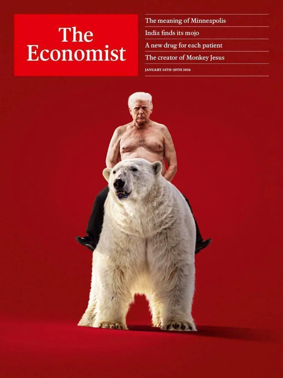 ⚡️Обложка The Economist (Jan 24–30)
Красный фон. Полярный медведь. И на нём – Трамп.
Я думаю это про власть над территорией. Про север. Про Арктику как актив.
Полярный медведь – это символ Арктики | Сетка — социальная сеть от hh.ru