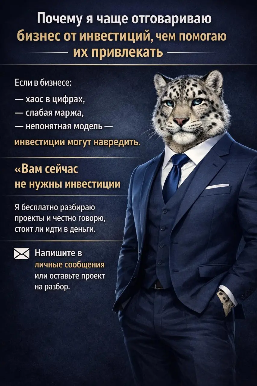 Почему я чаще отговариваю бизнес от инвестиций, чем помогаю их привлекать
Большинство предпринимателей думают, что инвестиции — это решение.
На практике — это усилитель | Сетка — социальная сеть от hh.ru