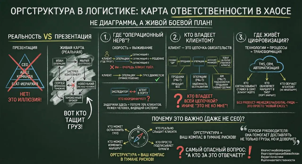 Оргструктура в логистике — это не диаграмма. Это карта ответственности в хаосе.
Прихожу на аудит. Первое, что прошу:

Покажите оргструктуру.
Не презентацию. Не «мы agile». Не «у нас flat-иерархия» | Сетка — социальная сеть от hh.ru