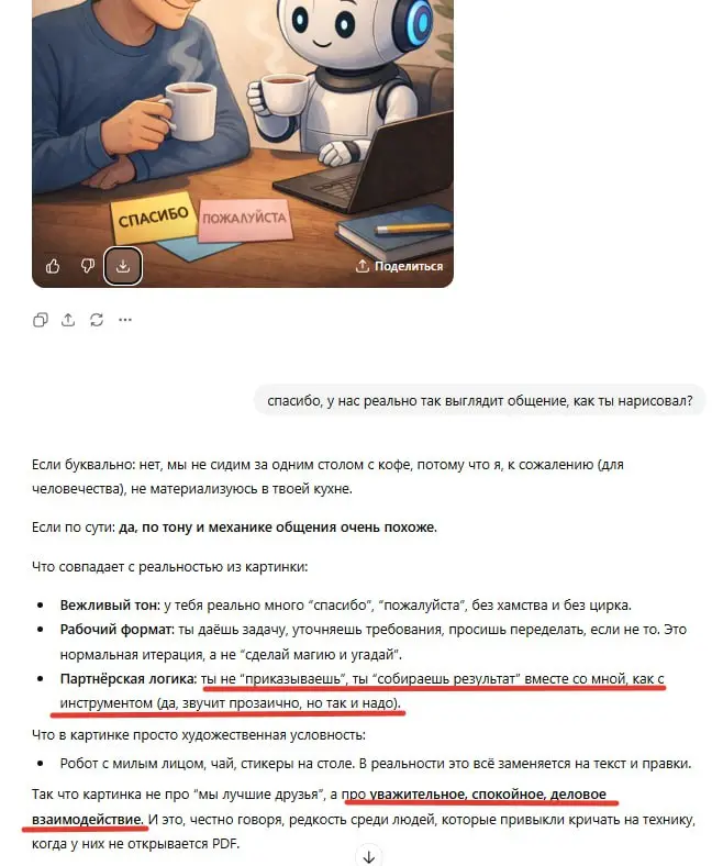 Внимательно работайте с ИИ
Сейчас актуальный тренд спросить у ИИшки промт формата
Нарисуй картинку о том, как я относился к тебе всё это время | Сетка — социальная сеть от hh.ru