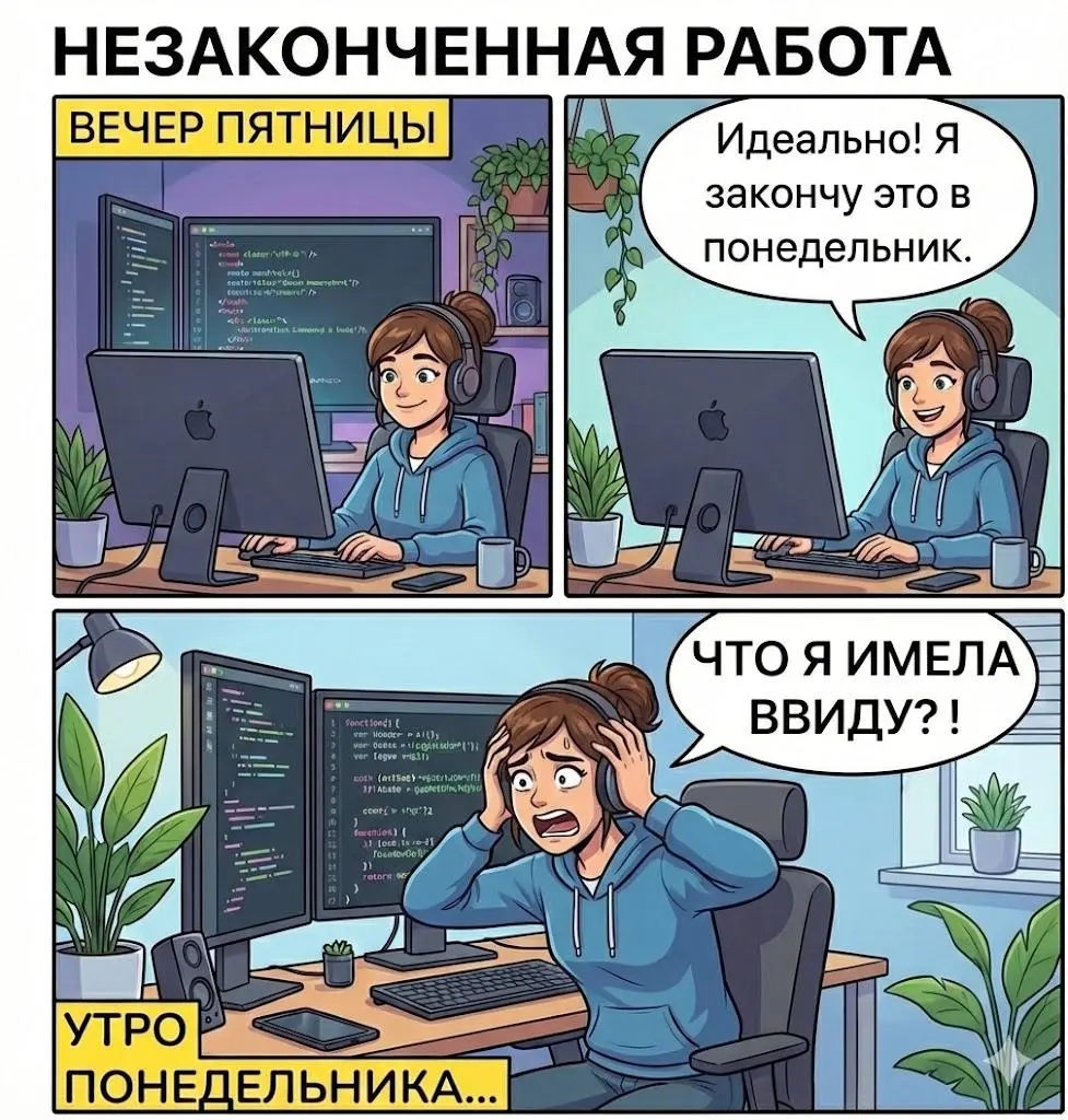 Заканчивается вторая рабочая неделя, а я всё ещё ощущаю себя примерно так 🫠 Вот так разгрузила голову в праздники 😬
Работаю сейчас над исправлением большой чужой мешанины из кода витрины (в перерывах ... | Сетка — социальная сеть от hh.ru
