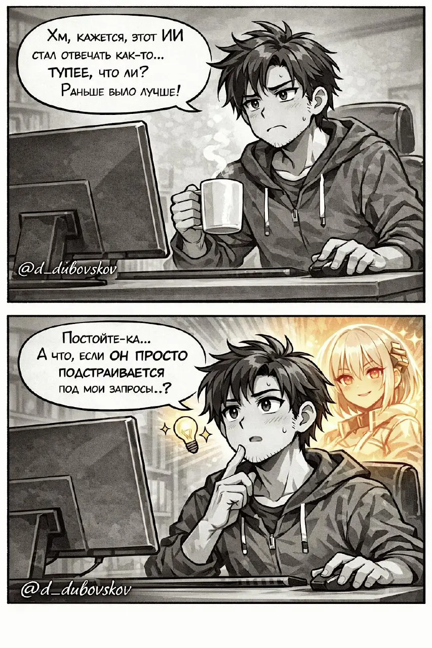 🤖 На «Подумать»
🍊 Рубрика: Воскресная манга
Сгенерировано через ИИ
Мало кто задумывается над тем почему AI со временем начинает отвечать «хуже» 🤫
Комьюнити «Нейролюди» | Канал в MAX
#ДубовсковПсихолог... | Сетка — социальная сеть от hh.ru