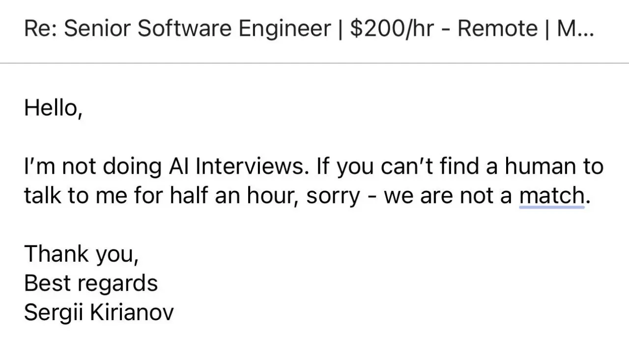 Айтишник отказался от работы на $400 тыс. в год, потому что к нему на собеседование вместо человека подослали ИИ-бота. @banksta | Сетка — социальная сеть от hh.ru