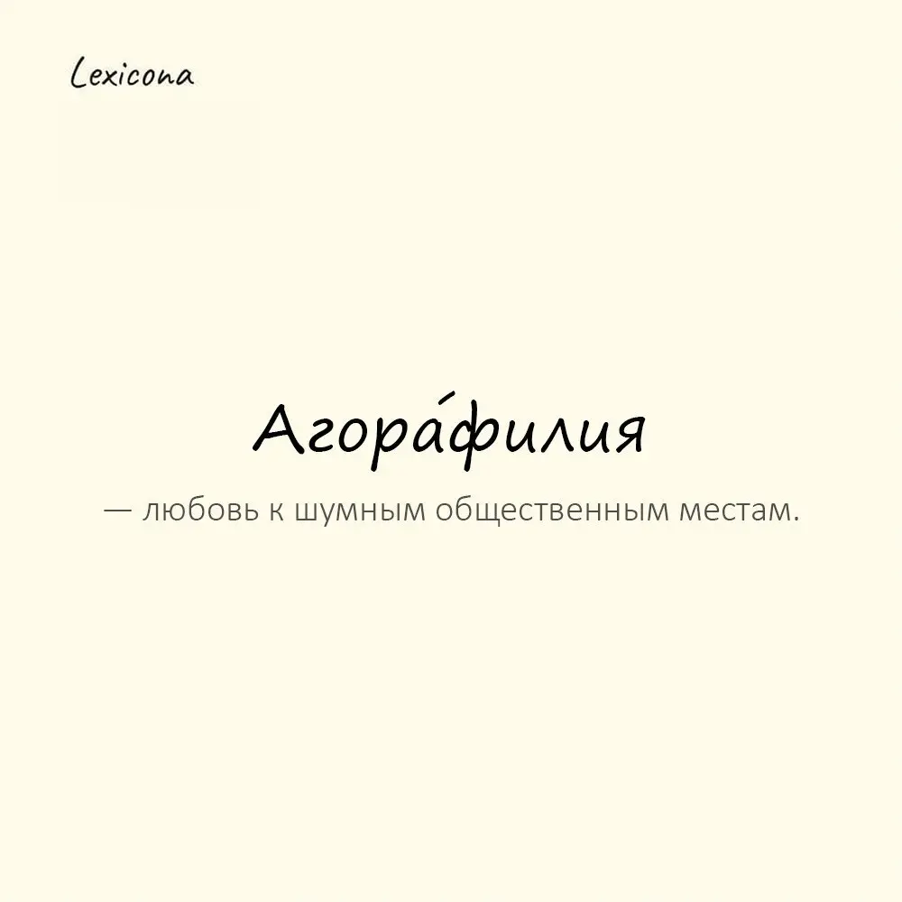 Агора́филия — любовь к шумным общественным местам.
Пример употребления:
У него агора­филия — он обожает городскую суету. | Сетка — социальная сеть от hh.ru
