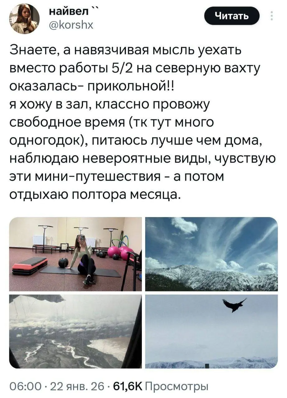 Судя по всему, работа на вахте делает выгоревших зумеров счастливыми. Автор завирусившегося твита работала по графику 5/2, что превратило ее жизнь в скучнейшую каторгу и выжало все соки | Сетка — социальная сеть от hh.ru