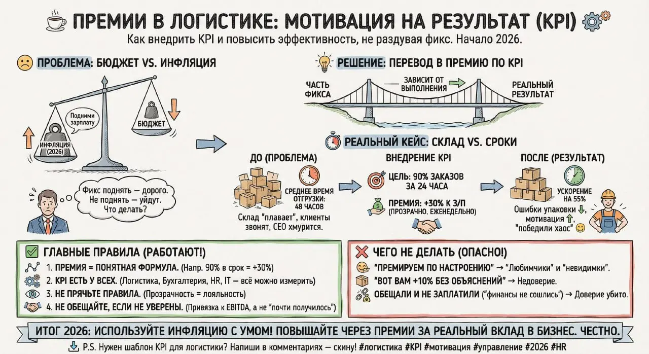 продолжу тему KPI , она явно дает отклик в ваших сердцах , судя по личке )))
«Премии? Да у нас в логистике даже кофе в пятницу — по KPI!» ☕️
Начало 2026-го. Инфляция шепчет: «Подними зарплату» | Сетка — социальная сеть от hh.ru
