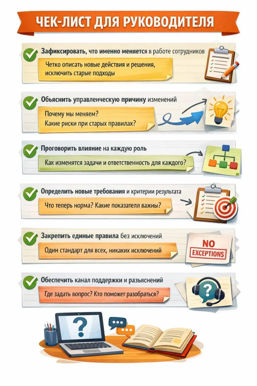 Чек-лист руководителя: как запускать изменения без сопротивления и откатов
Любые изменения в компании в первую очередь нарушают устойчивое представление человека о том, как устроена его работа и по ка... | Сетка — социальная сеть от hh.ru