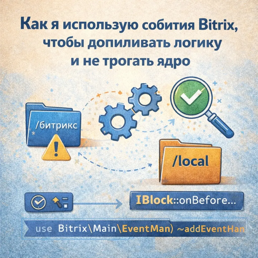 Как я использую события Bitrix, чтобы допиливать логику и не трогать ядро
В Bitrix почти любая «допилка» может быть сделана двумя способами: быстро и грязно (правим ядро, стандартные компоненты, модул... | Сетка — социальная сеть от hh.ru