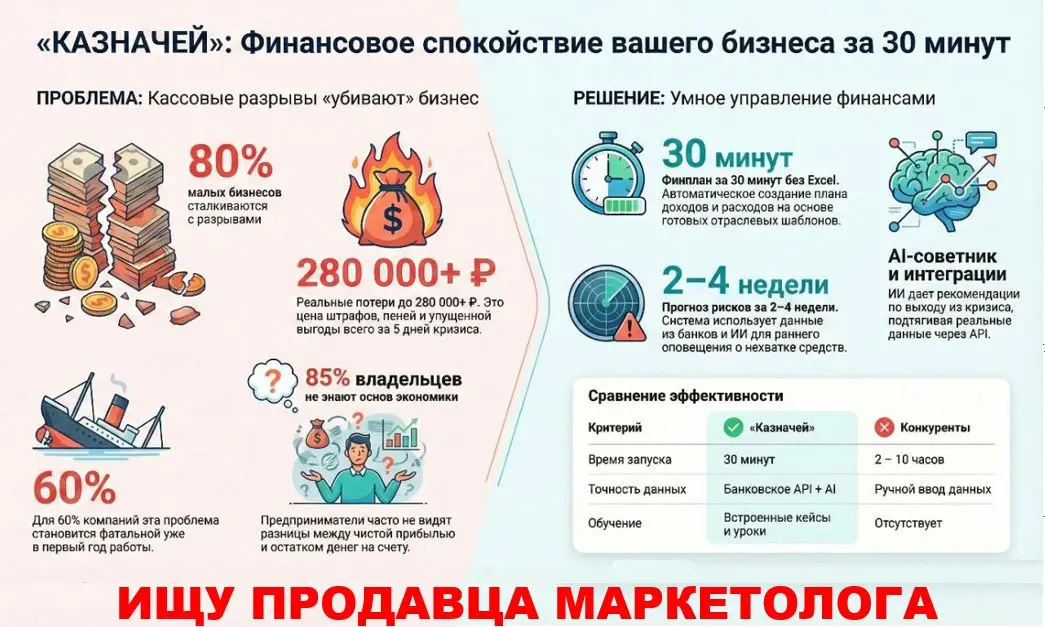 Проект: SaaS-платформа «КАЗНАЧЕЙ» — умное управление финансами для малого бизнеса - предотвращение кассовых разывов | Сетка — социальная сеть от hh.ru