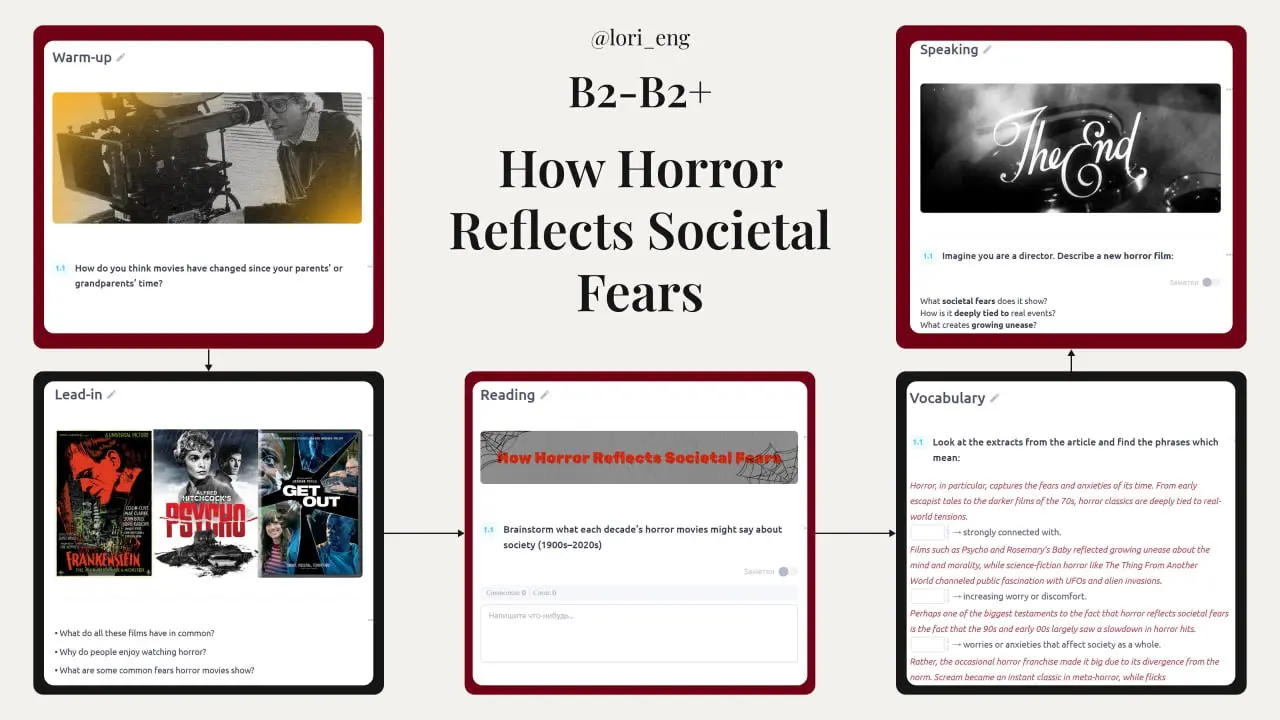 How Horror Reflects Societal Fears🦇
B2/B2+
Когда все тыквы и ведьмы уже разобраны, можно поговорить о том, как кино отражает общество | Сетка — социальная сеть от hh.ru