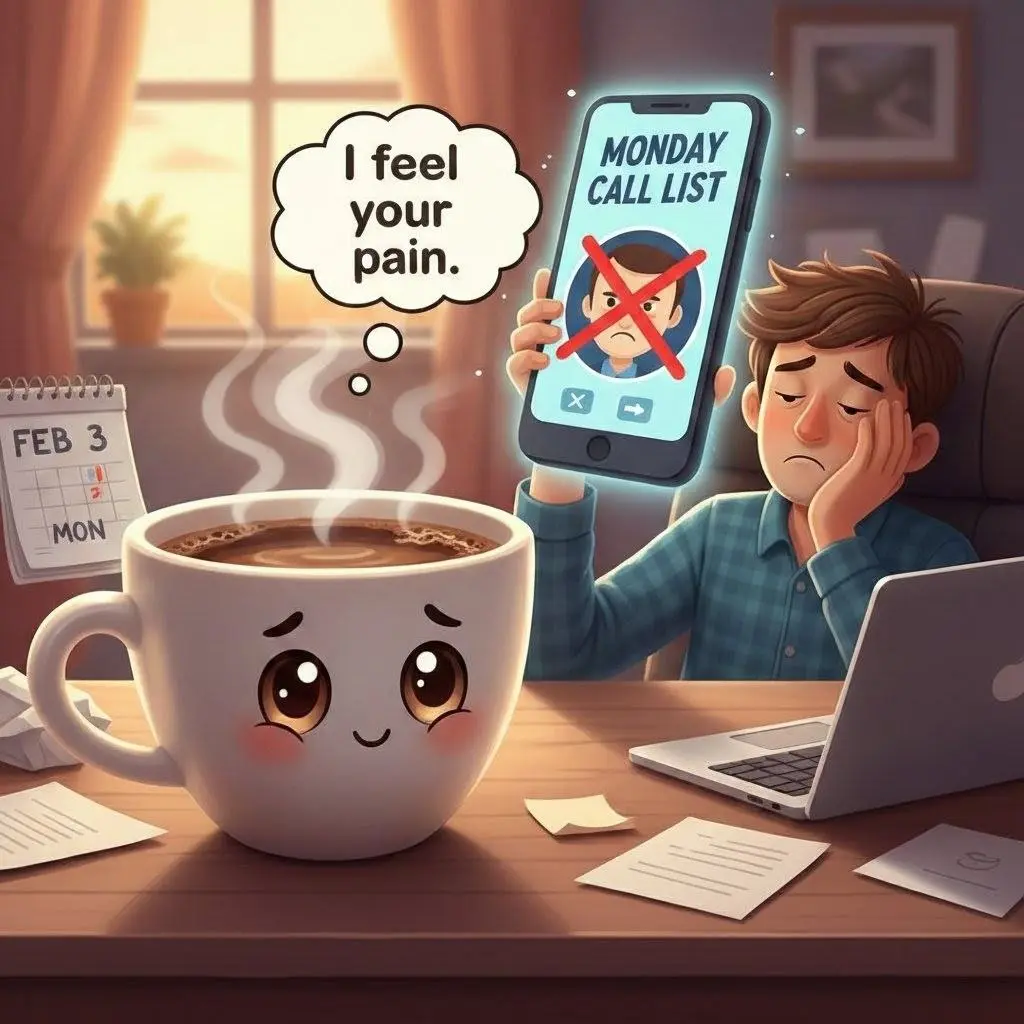 #ШуткаПонедельника
Утро понедельника — единственное время, когда чашка кофе смотрит на тебя с большим сочувствием, чем первый клиент в списке звонков | Сетка — социальная сеть от hh.ru