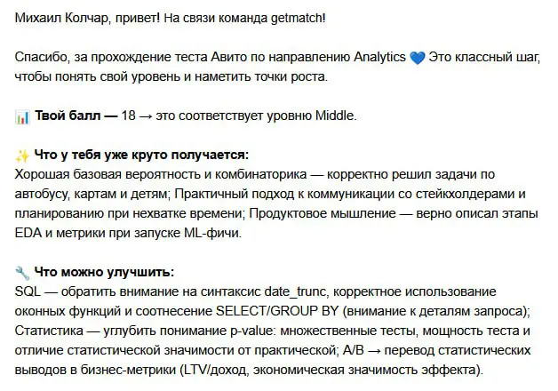 Прошёл классный тест от Авито и getmatch | Сетка — социальная сеть от hh.ru