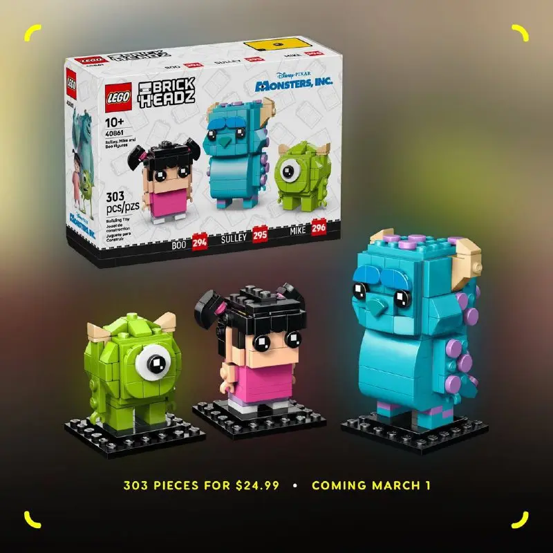 Lego анонсировал выпуск первого в истории сета по Корпорации монстров. В наборе на 303 детали будут фигурки Салли, Майка и Бу.
Дроп назначен на 1 марта, а ожидаемая цена 25 баксов (1896 рублей) | Сетка — социальная сеть от hh.ru