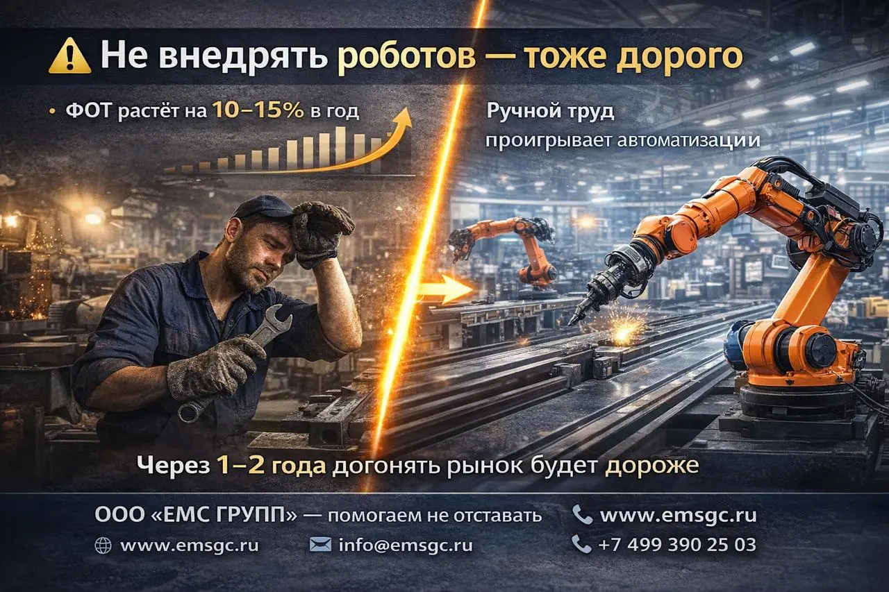 🤖 Сколько стоит НЕ внедрять роботов?
Цена бездействия — в цифрах.
Откладывая автоматизацию, ваша компания теряет уже сейчас:
📈 ФОТ растет на 15–20% в год.
🛑 Простои и текучка съедают прибыль | Сетка — социальная сеть от hh.ru