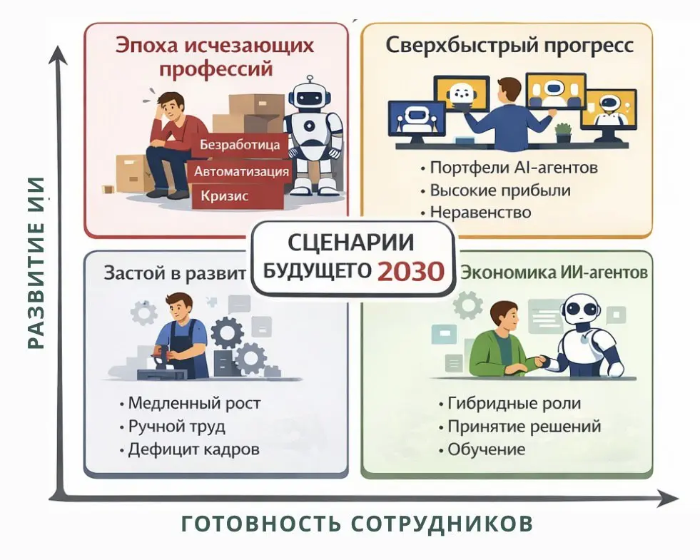 инсайты по итогам Всемирного экономического форума (WEF 2026): про Future of Work и AI
WEF видит 4️⃣сценария будущего занятости к 2030 году (см инфографику)
Интересный момент: самым желательным сценар... | Сетка — социальная сеть от hh.ru