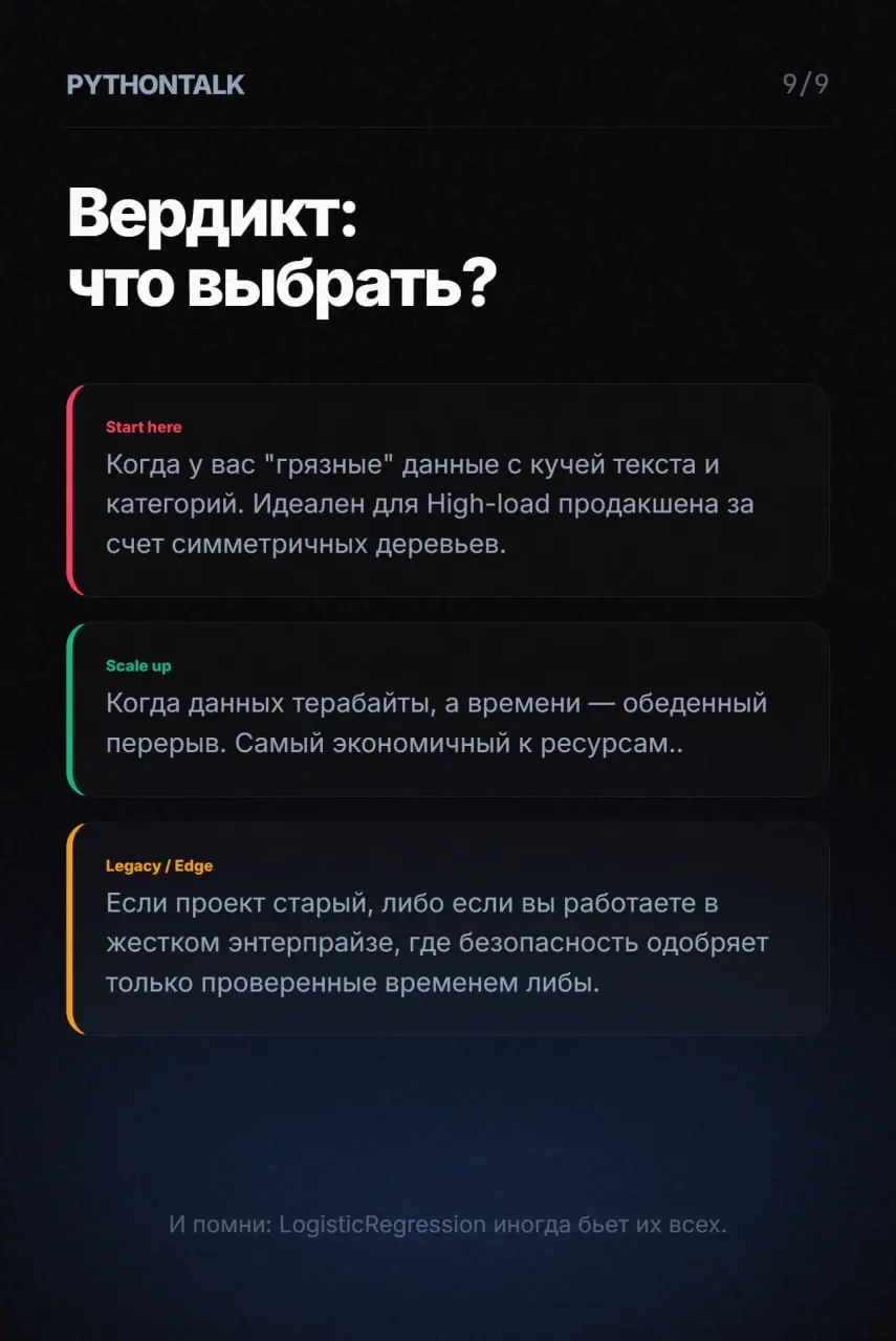 Священная война бустингов 🥊
Если вы работаете со сложными табличными данными, то всё сводится к трём игрокам: XGBoost, LightGBM и CatBoost.
Казалось бы, три реализуют одну и ту же математическую идею | Сетка — социальная сеть от hh.ru