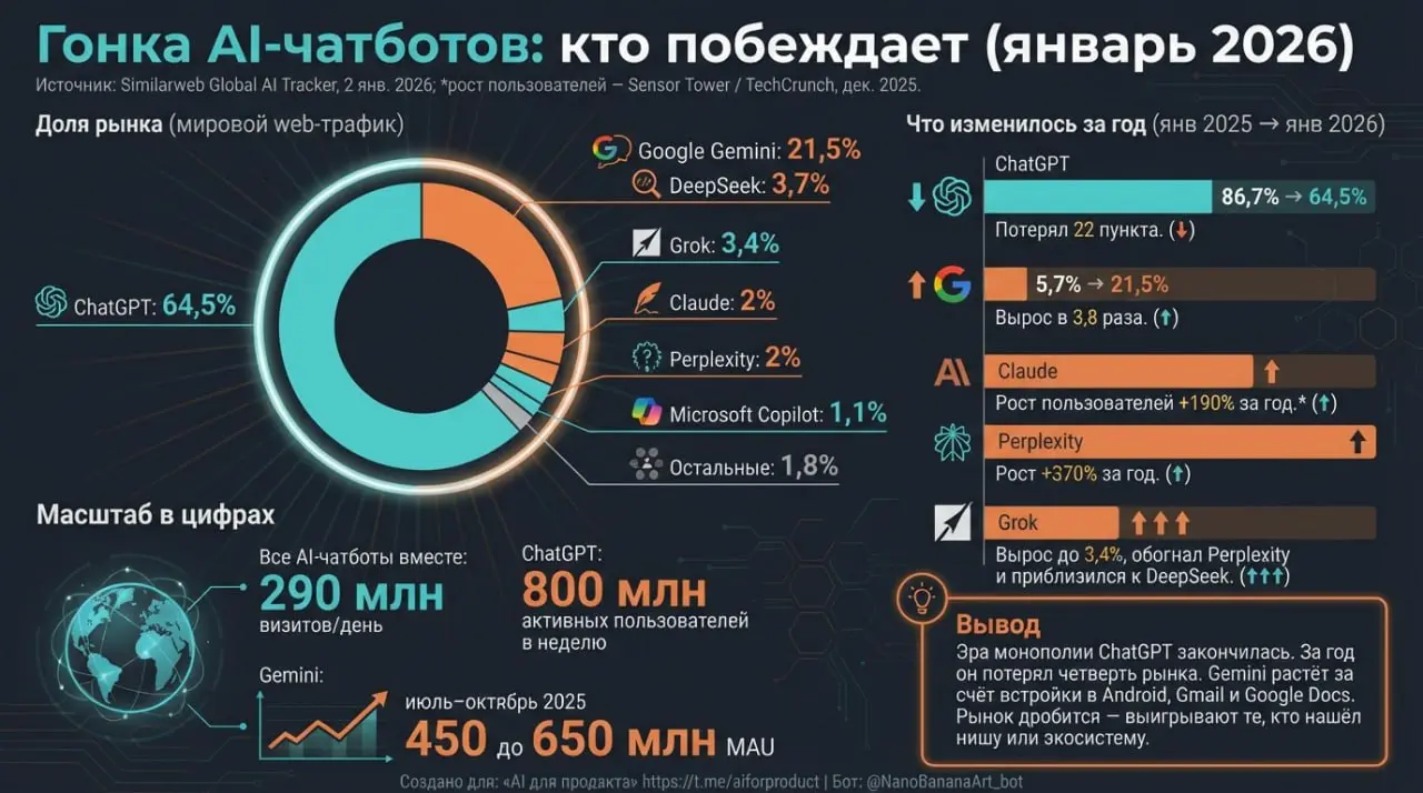 ↗️ Инфографика: кто побеждает в гонке AI-чатботов (январь 2026)
Собрали свежие данные Similarweb Global AI Tracker в одну инфографику. Чем её сделали и как повторить за 5 минут - расскажем в конце | Сетка — социальная сеть от hh.ru
