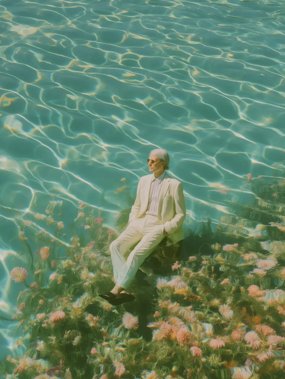 #телеграм #telegram #нейросеть #ai #дизайн #фотография #midjourney #промт  
Меланхоличный фэшн-образ мужчины в Midjourney  
full body of a white head old man partially submerged in clear turquoise wat... | Сетка — социальная сеть от hh.ru