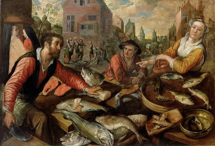 “Рыбный рынок”
Иоахим Бе́йкелар (1560)
Бейкелар строит картину как ловушку для взгляда. Зритель первым делом утопает в изобилии | Сетка — социальная сеть от hh.ru