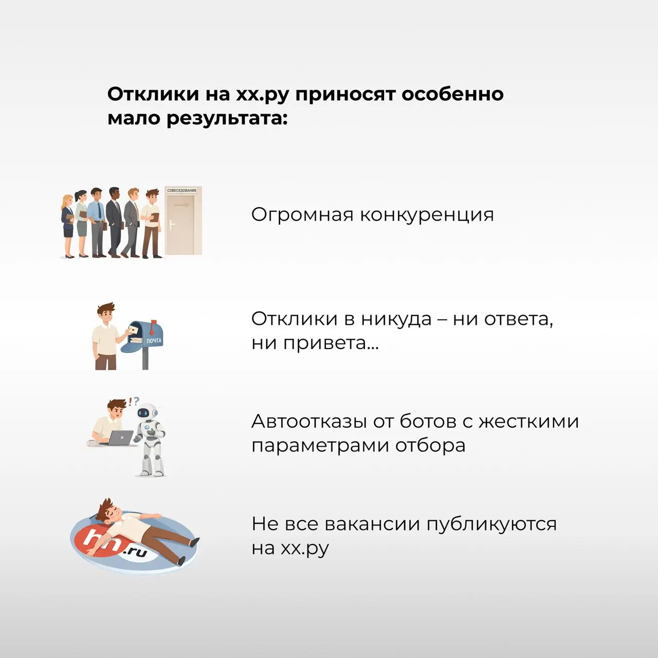 Есть ли жизнь после 100 откликов? 🥵 Сериал о поиске работы
[Серия 3. Отклики]
Итак, в первой и второй сериях менеджер Петя определился с карьерной стратегией и составил резюме | Сетка — социальная сеть от hh.ru