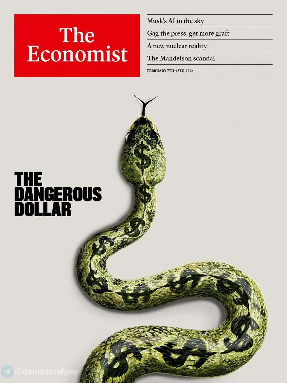 📕 Новая обложка The Economist (February 7th–13th)
The Dangerous Dollar
Змея – символ скрытой угрозы и яда.
Месседж простой: сильный доллар стал токсичным для системы | Сетка — социальная сеть от hh.ru