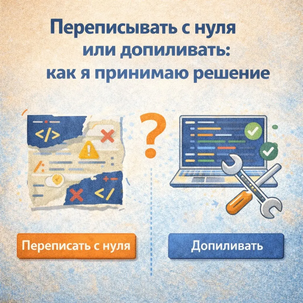 Переписывать проект с нуля или допиливать: как я принимаю решение
Почти в каждом живом проекте в какой-то момент звучит фраза: «Тут всё криво, давайте уже перепишем нормально» | Сетка — социальная сеть от hh.ru