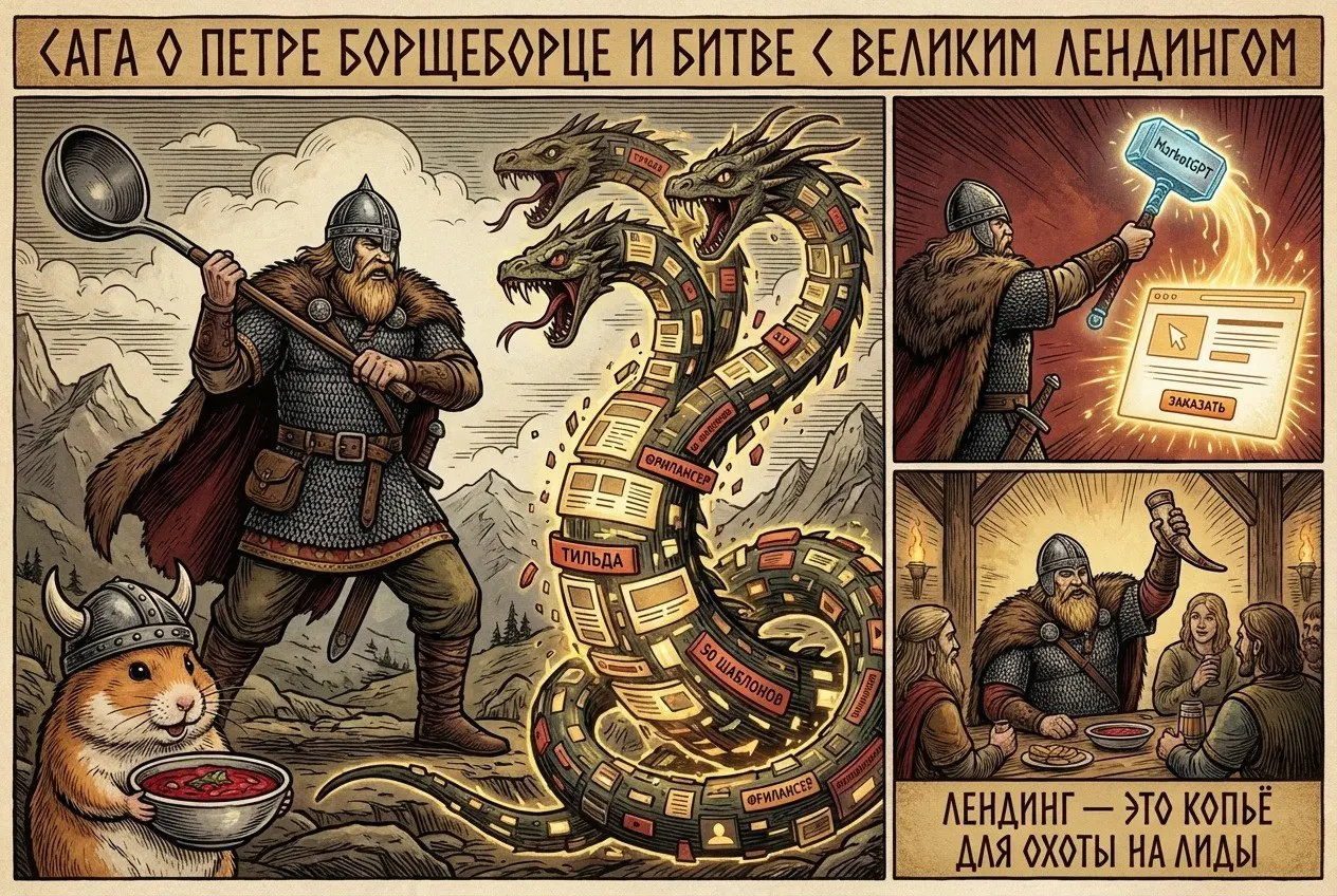 Сага о Петре Борщеборце и битве с Великим Лендингом
В те далёкие времена, когда боги Тильды правили пикселями, жил-был воин по имени Петр Борщебор.
Могучий русич, мастер котлов и сковородок | Сетка — социальная сеть от hh.ru