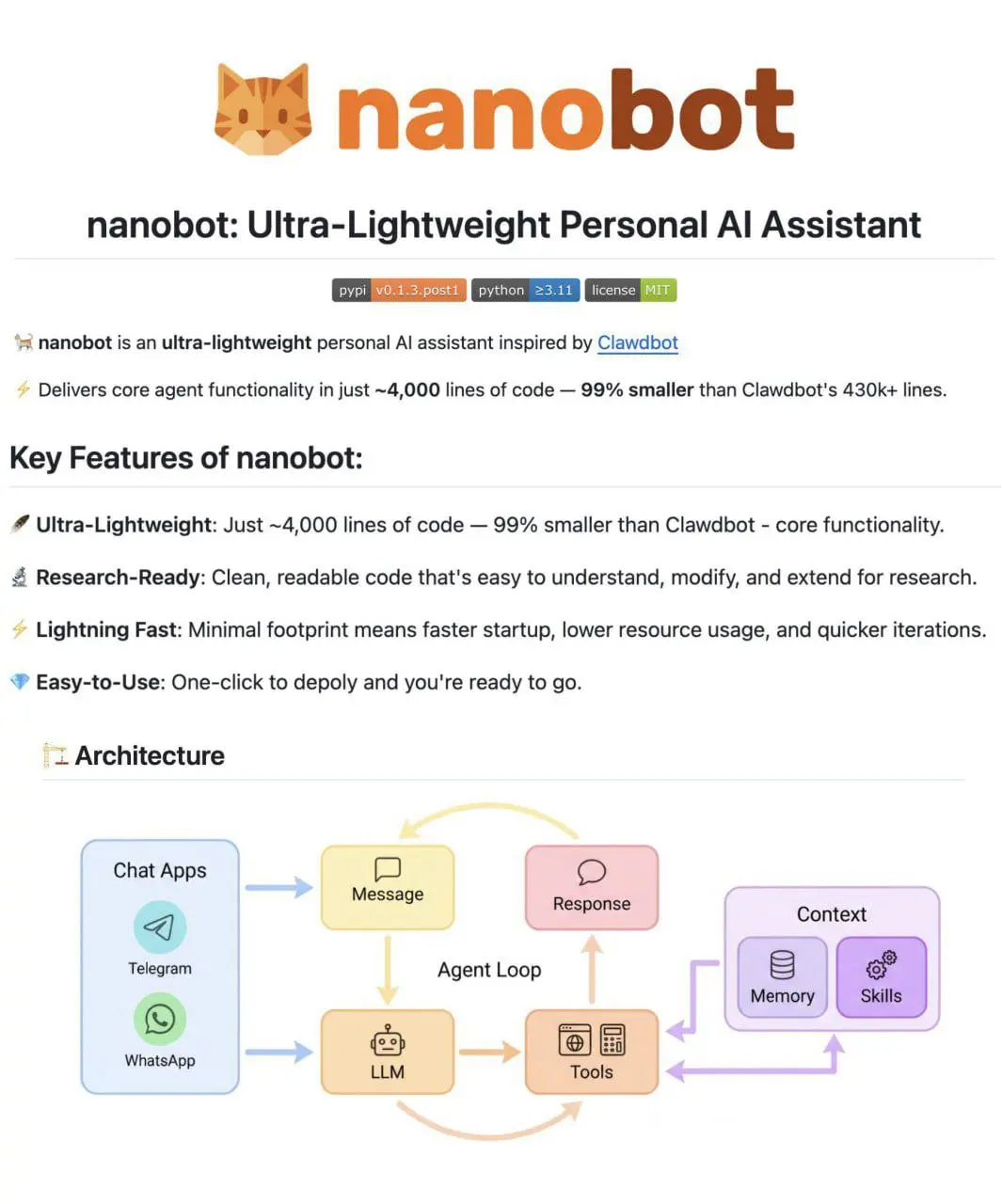 ХОЧЕШЬ БЫТЬ КАК ТОНИ СТАРК? 😏⚡️
Nanobot — сверхлёгкий, но чертовски умный ИИ-ассистент, который умещается в всего ~3400 строк кода. Это на 99% меньше, чем у того самого OpenClaw (MoltBot) | Сетка — социальная сеть от hh.ru