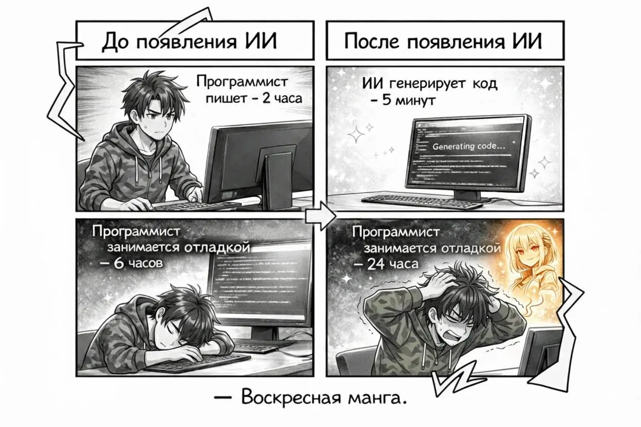 🧠 Иллюзия скорости
🍊 Рубрика: Воскресная манга
Сгенерировано через ИИ
ИИ делает работу за 5 минут. Это правда | Сетка — социальная сеть от hh.ru