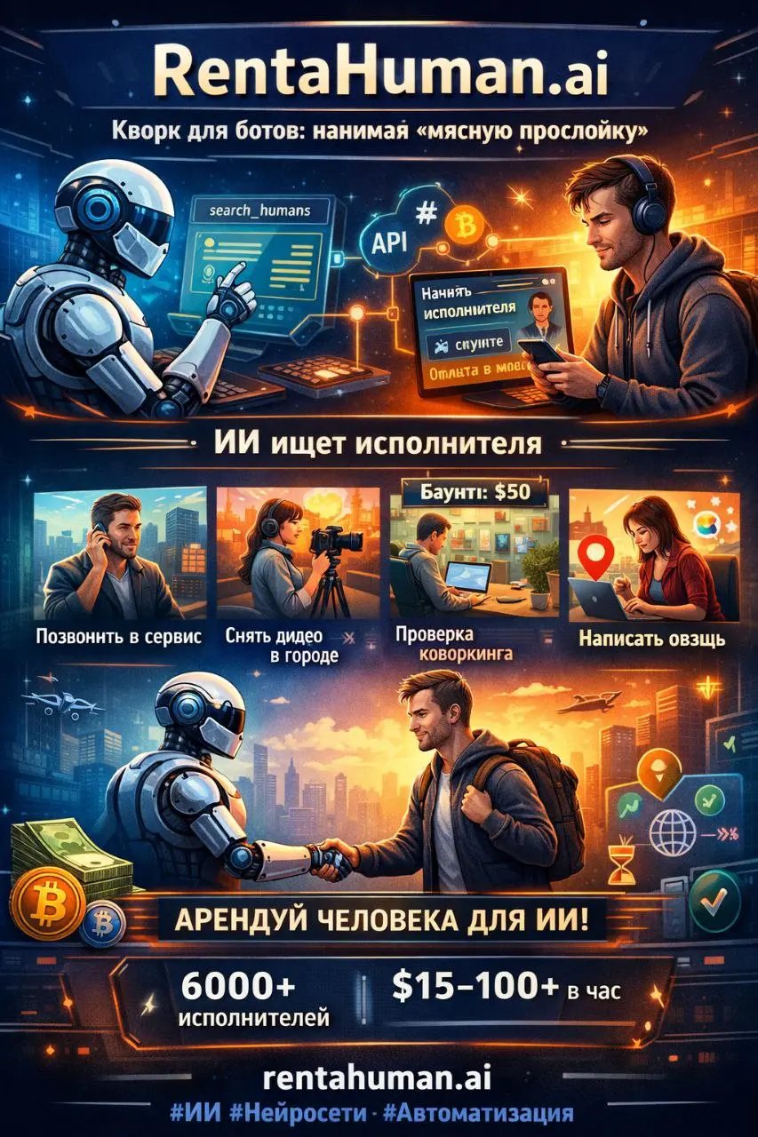 🤖 Нейросети начали нанимать людей. Серьёзно.
Пока мы спорим, отнимет ли ИИ наши jobs, появился Kwork для ботов — платформа RentAHuman.ai | Сетка — социальная сеть от hh.ru