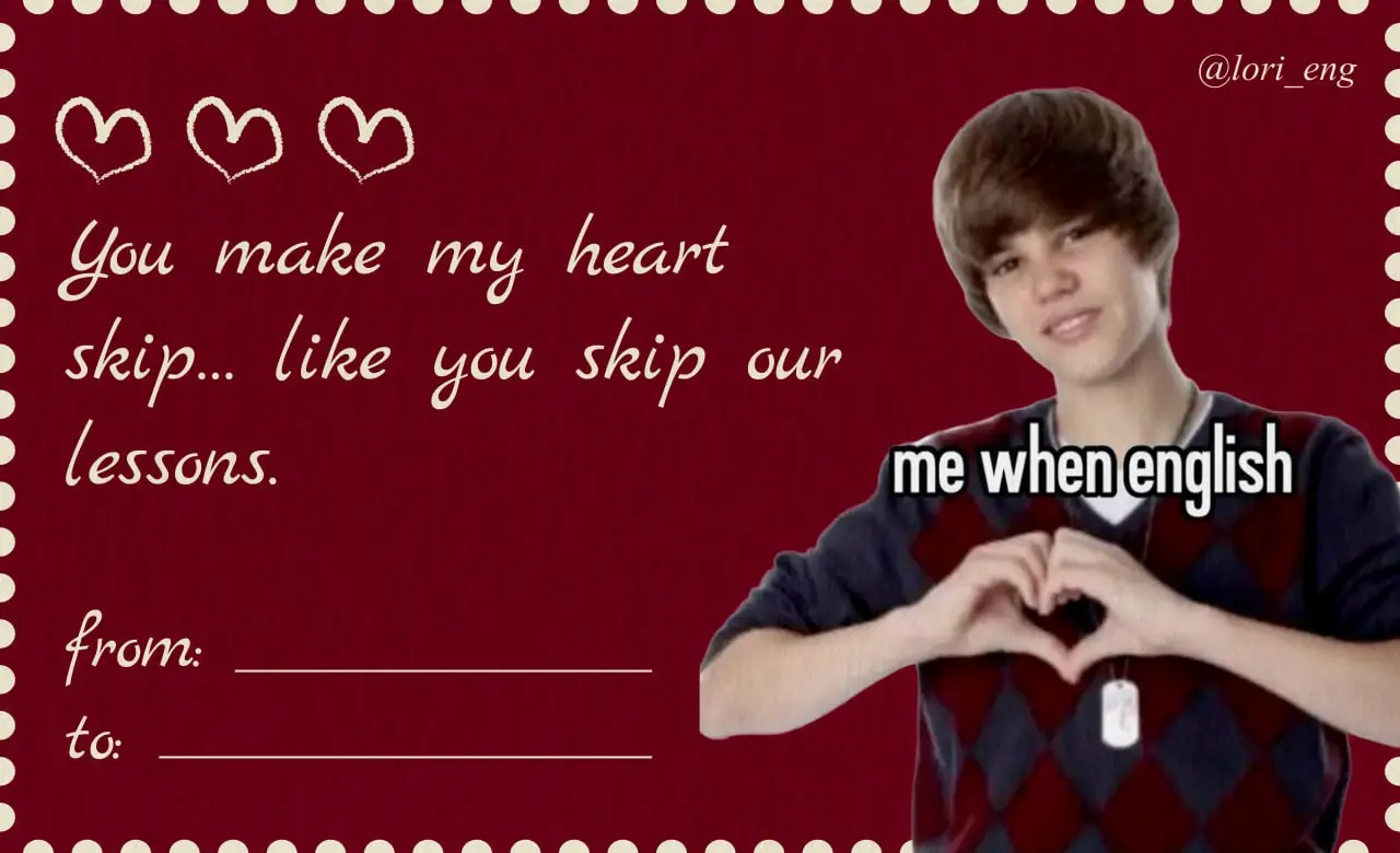Valentine's Day cards 💌
Захотелось мне похихикать немного, поэтому ловите смешные валентинки для ваших учеников
От вас требуется лишь ❤️‍🔥 | Сетка — социальная сеть от hh.ru