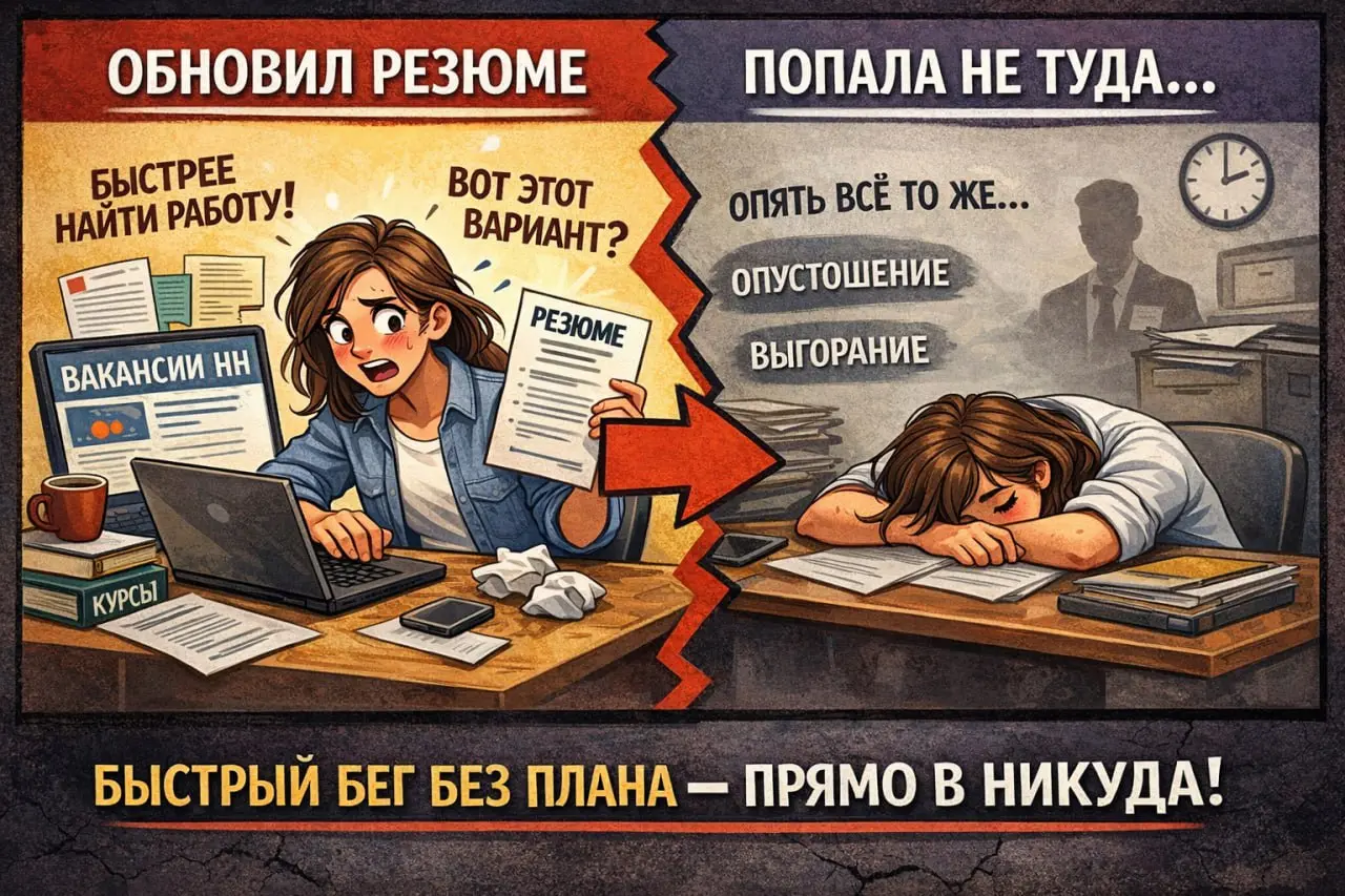 Резюме не спасает (и иногда даже усугубляет)
Когда становится по-настоящему тяжело, внутри почти автоматически включается импульс «надо что-то делать, срочно менять, бежать» | Сетка — социальная сеть от hh.ru