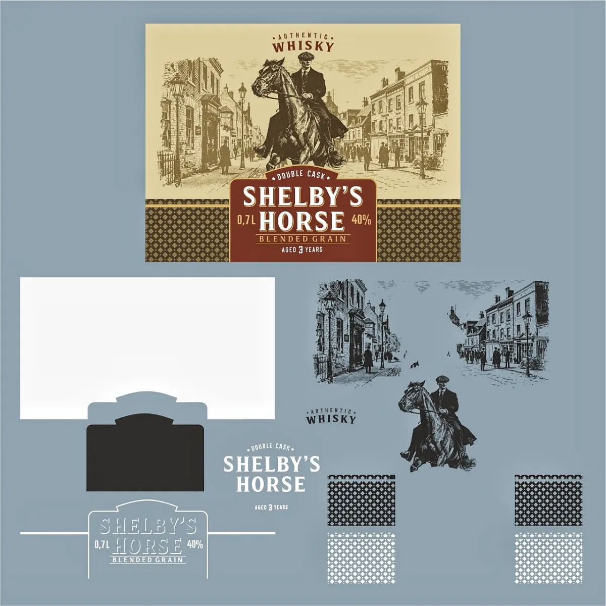 Как я сообщал ранее, вышел на рынок (пока в Беларуси) виски с моим дизайном «Shelby\s Horse».
Разберу макет по слоям, чтобы показать как создаются этикетки:
1.Самое первое - композиция | Сетка — социальная сеть от hh.ru