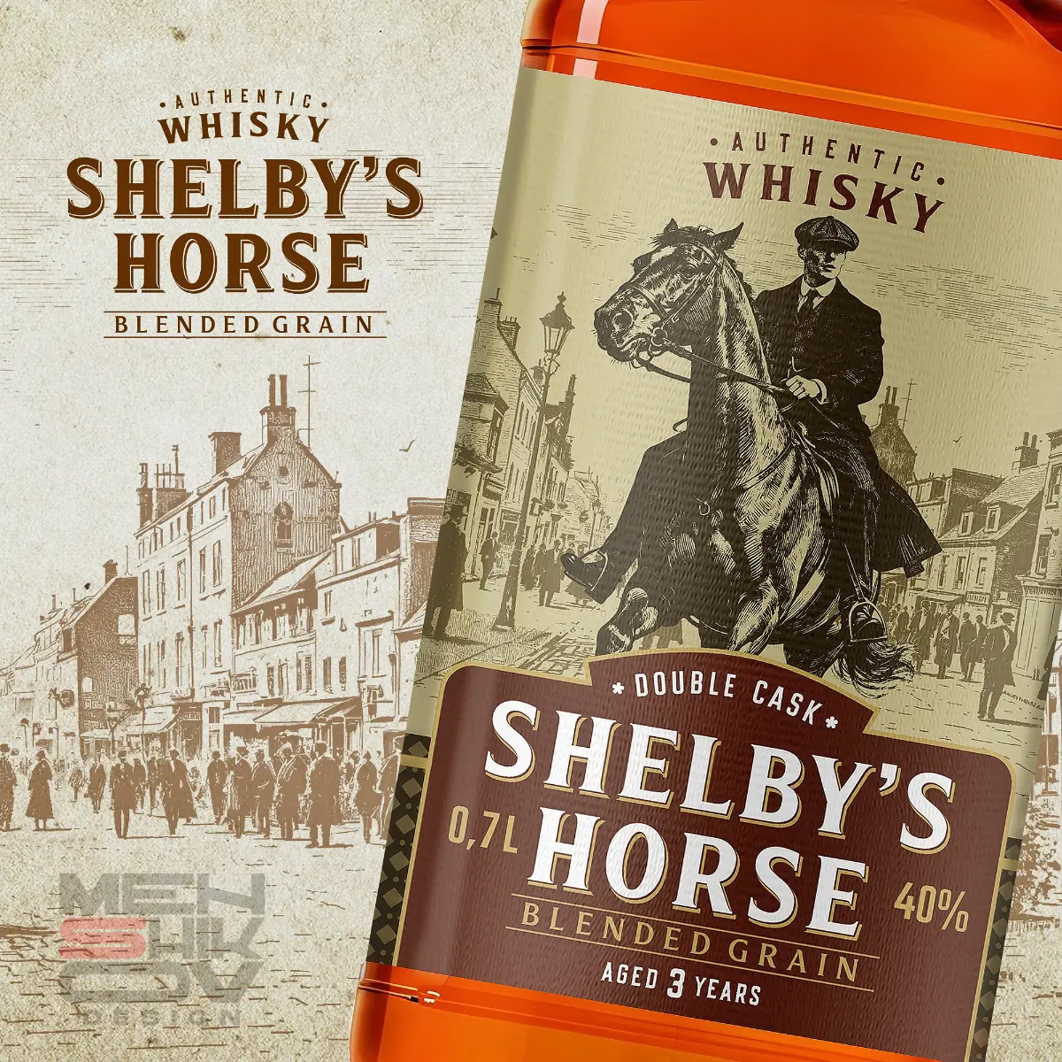 Как я сообщал ранее, вышел на рынок (пока в Беларуси) виски с моим дизайном «Shelby\s Horse».
Разберу макет по слоям, чтобы показать как создаются этикетки:
1.Самое первое - композиция | Сетка — социальная сеть от hh.ru