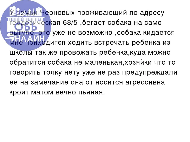 ↗ У семьи Черновых проживающий по адресу геодезическая 68/5 ,бегает собака на само выгуле, это уже не возможно ,собака кидается мне приходится ходить встречать ребенка из школы так же провожать ребенк... | Сетка — социальная сеть от hh.ru