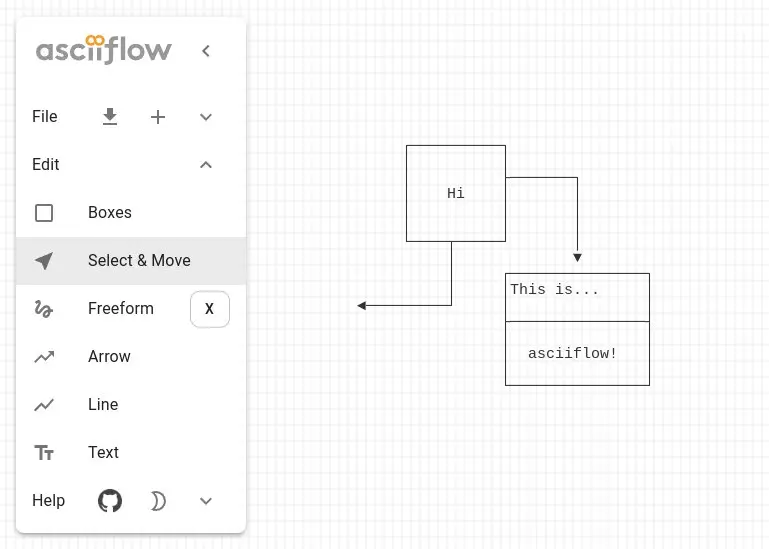 asciiflow
Это веб-приложение для создания диаграмм с использованием символов ASCII.
Оно позволяет пользователям рисовать, редактировать и сохранять текстовые схемы непосредственно в браузере | Сетка — социальная сеть от hh.ru
