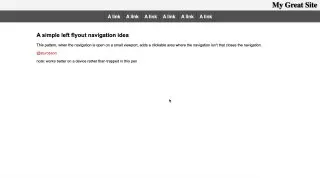 left flyout navigation - Всплывающая навигация. Реализована с помощью JS и CSS.
https://codepen.io/sturobson/pen/DbNqXY | Сетка — социальная сеть от hh.ru