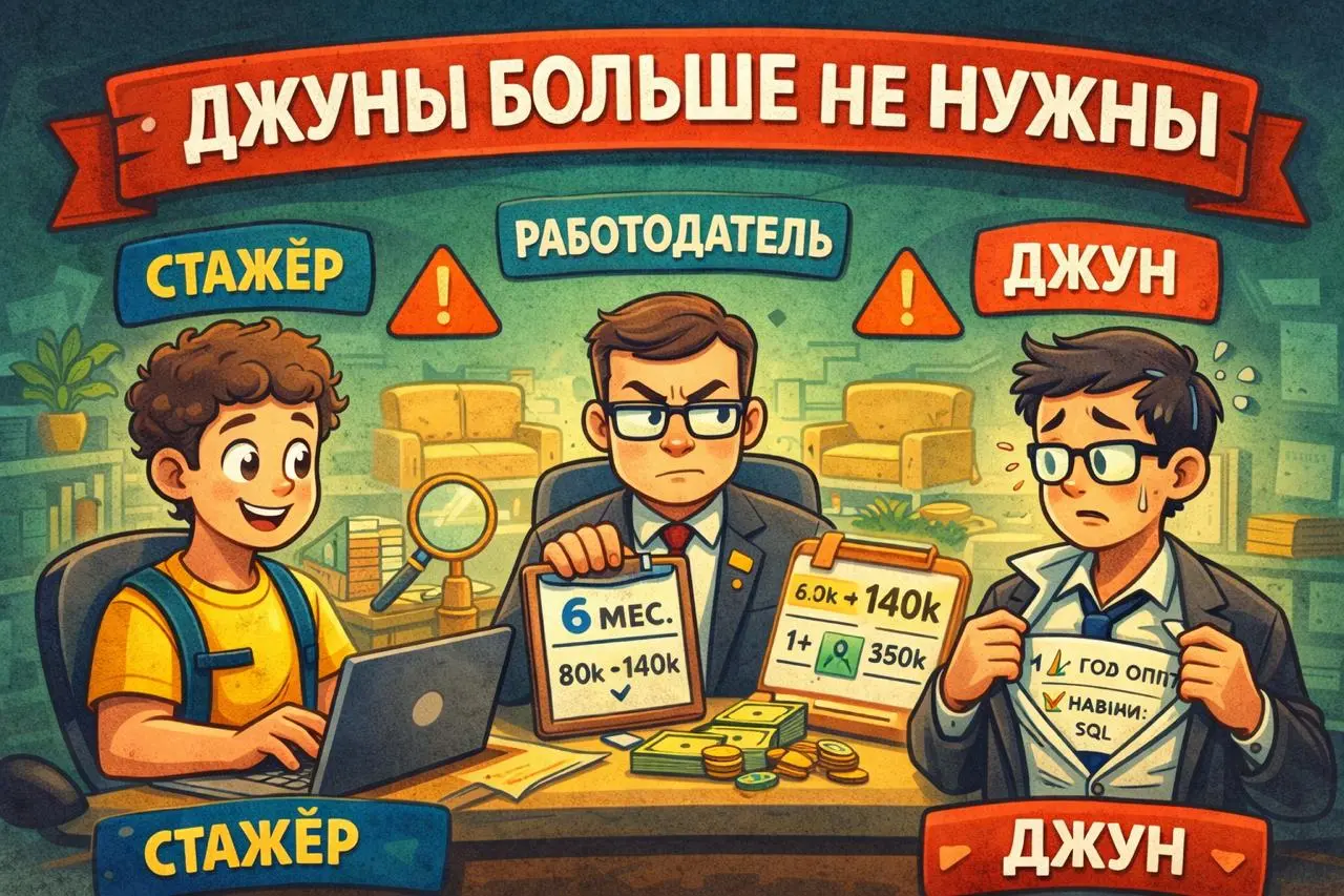 «Джуны больше не нужны».
Да, кликбейт. Но давайте посмотрим на эту фразу не со стороны кандидатов, а со стороны компаний.
Возьмём два грейда: стажёр и джун. По факту от обоих многого не ждут | Сетка — социальная сеть от hh.ru