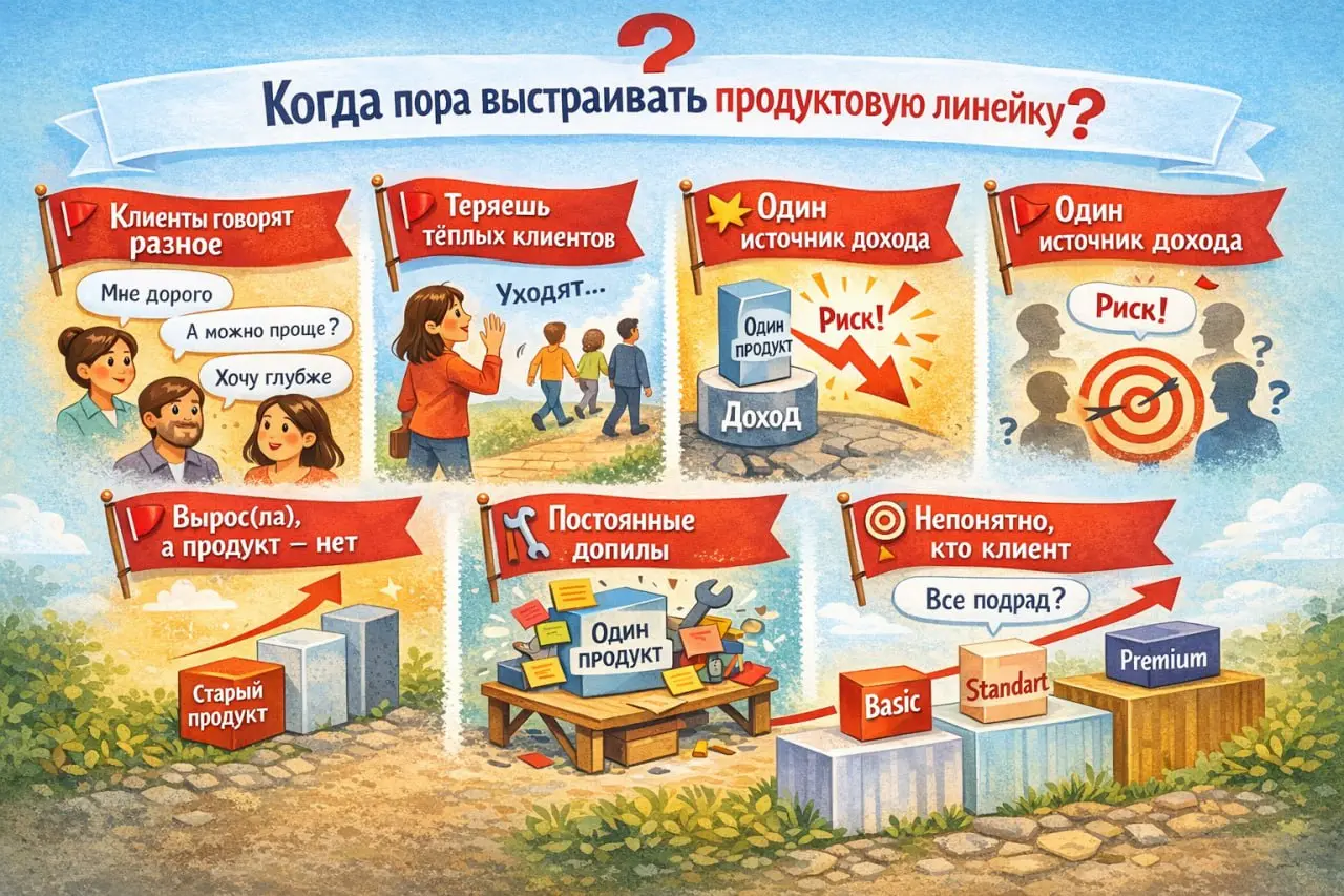 🔍 Как понять, что пора выстраивать продуктовую линейку
Очень часто продуктовая линейка появляется не потому, что “так надо”,
а потому что один продукт перестаёт закрывать реальность клиентов | Сетка — социальная сеть от hh.ru