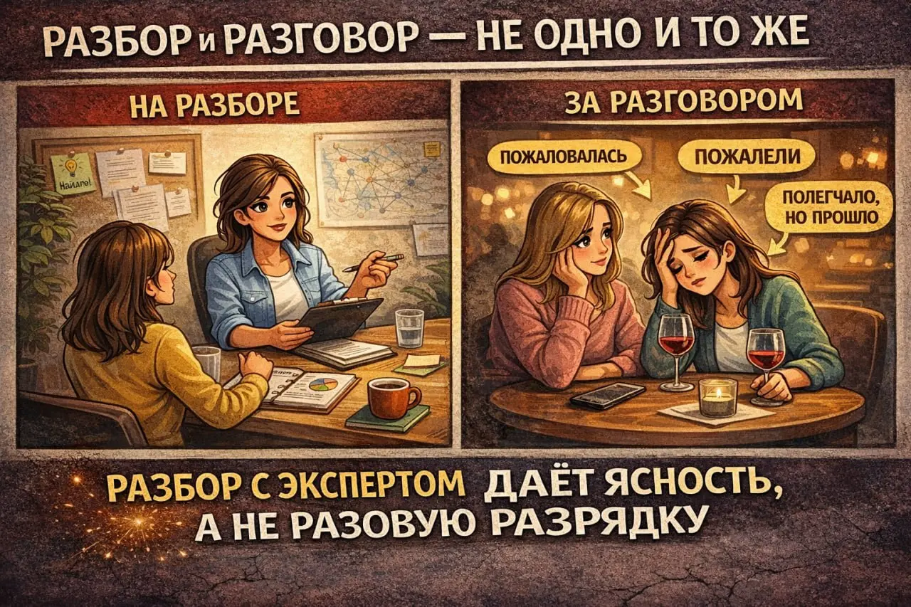 Разбор и разговор — не одно и то же.
Меня нередко спрашивают, в чём разница между консультацией и просто душевным разговором с подругой или специалистом, который умеет поддержать | Сетка — социальная сеть от hh.ru