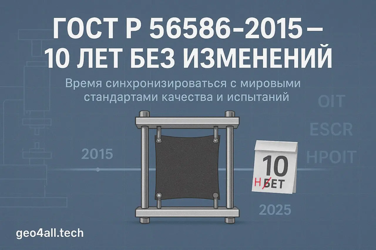 💥 ГОСТ Р 56586‑2015: стандарт, который застрял в прошлом
Пока мир обновляет требования к HDPE‑геомембранам, у нас всё ещё «заморозка» десятилетней давности. GRI GM13/GM17 — +5 редакций. ГОСТ — 0 | Сетка — социальная сеть от hh.ru