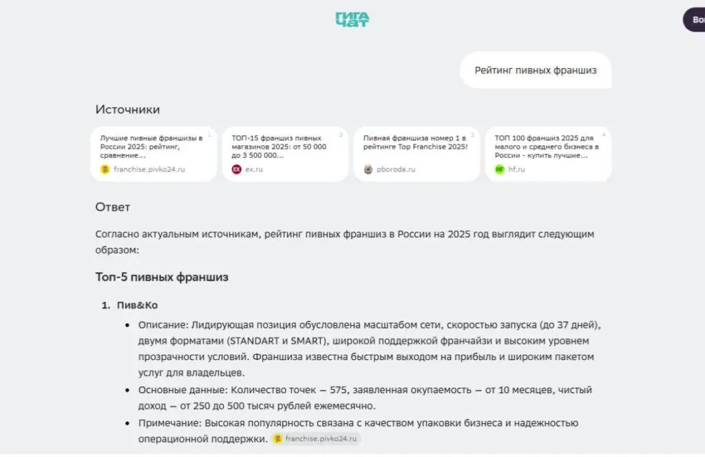 Кейс: GEO-продвижение франшизы федеральной сети Пив&Ко в ИИ | Сетка — социальная сеть от hh.ru