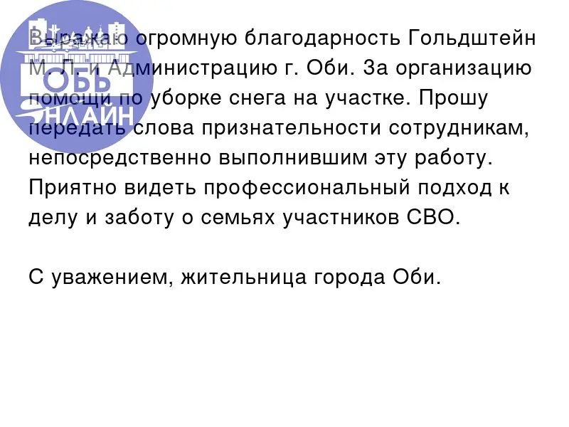 ↗ Выражаю огромную благодарность Гольдштейн М. Л. и Администрацию г. Оби. За организацию помощи по уборке снега на участке | Сетка — социальная сеть от hh.ru