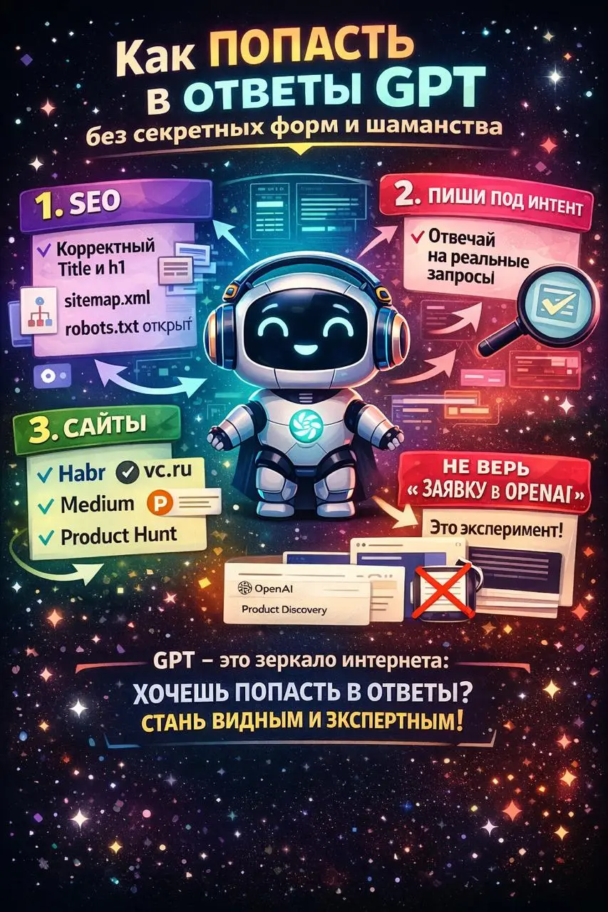 Как попасть в ответы GPT 😳
Отвечу сразу, кнопки "добавить мой бренд в ChatGPT". Занавес
Халявщики, расходимся, опять надо потрудиться
Нет тайной заявки, после которой тебя начинают рекомендовать | Сетка — социальная сеть от hh.ru
