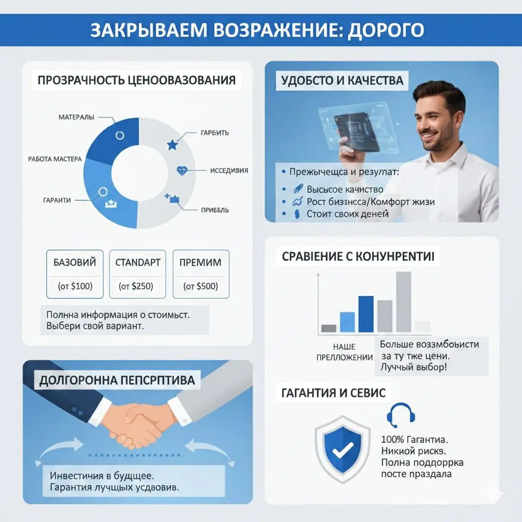 ЗАКРЫВАЕМ ВОЗРАЖЕНИЕ: ДОРОГО
​● ПРОЗРАЧНОСТЬ ЦЕНООБРАЗОВАНИЯ
​Дай полную информацию о стоимости товара/услуги: Почему она такая и что в неё включено? Предложи альтернативные варианты с разными ценами,... | Сетка — социальная сеть от hh.ru