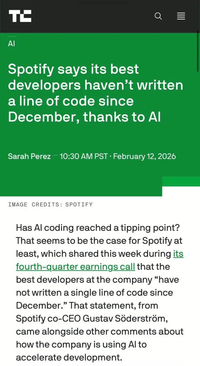 Лучшие разработчики Spotify не написали ни строчки кода с декабря 2025 года, потому что за них всё делает Claude | Сетка — социальная сеть от hh.ru