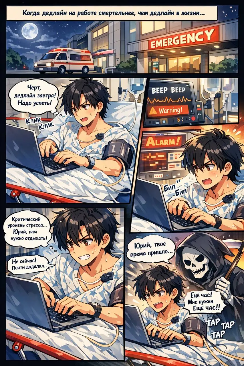 🧠 Дедлайн
🍊 Рубрика: Воскресная манга
Сгенерировано через ИИ
🔖 Когда дедлайн на работе смертельные, чем дедлайн в жизни | Сетка — социальная сеть от hh.ru