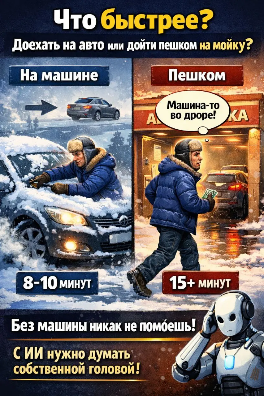 Что быстрее - доехать до мойки авто на авто, или дойти до мойки авто пешком?
неочевидно )))
вопрос в дипсик:
я хочу помыть машину на мойке в 100 метрах от моего дома. что будет быстрее:
1 | Сетка — социальная сеть от hh.ru