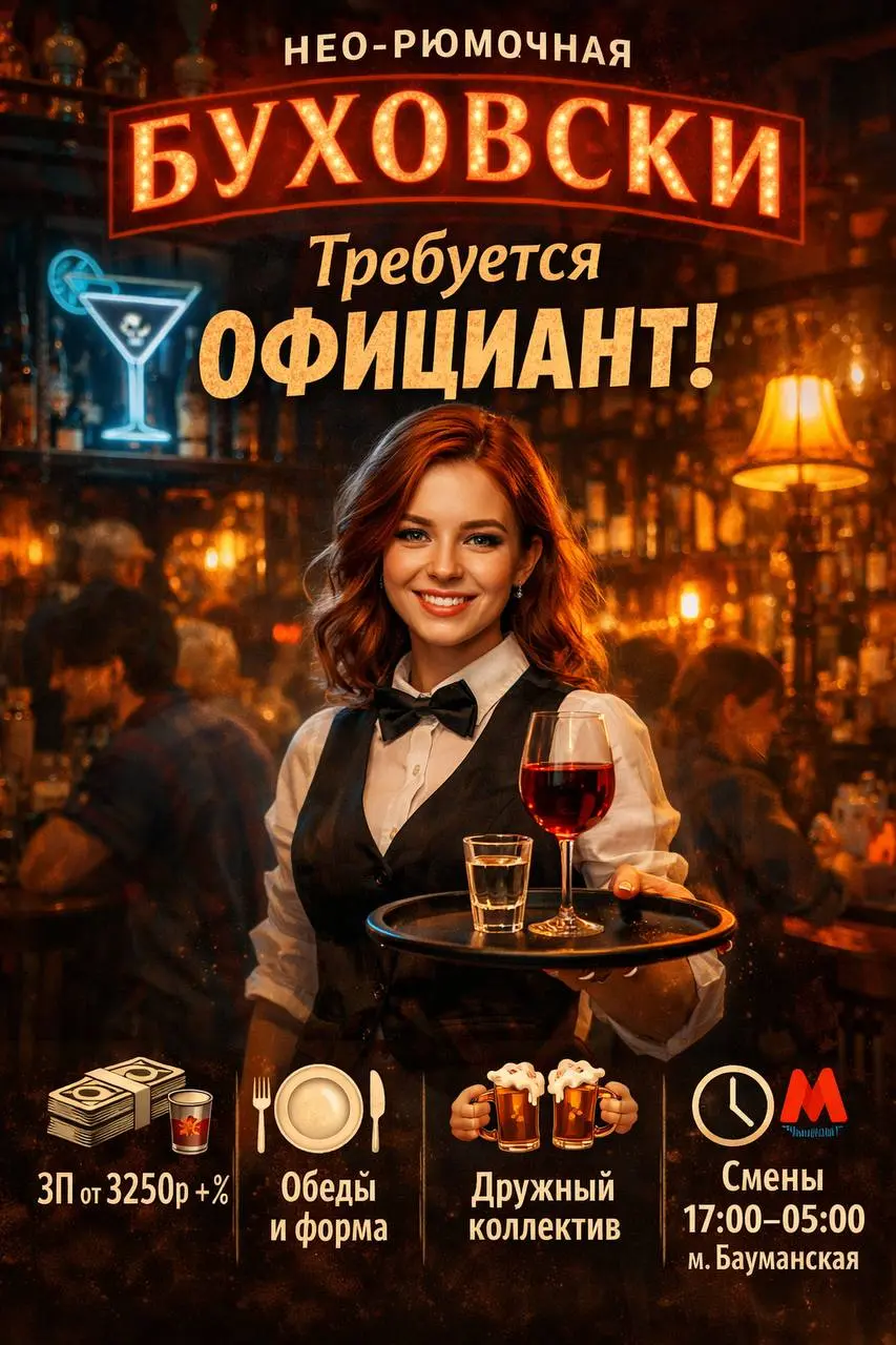 ОФИЦИАНТ
От 3 250₽/смена + чаевые
нео-рюмочная Буховски
• Москва, м | Сетка — социальная сеть от hh.ru